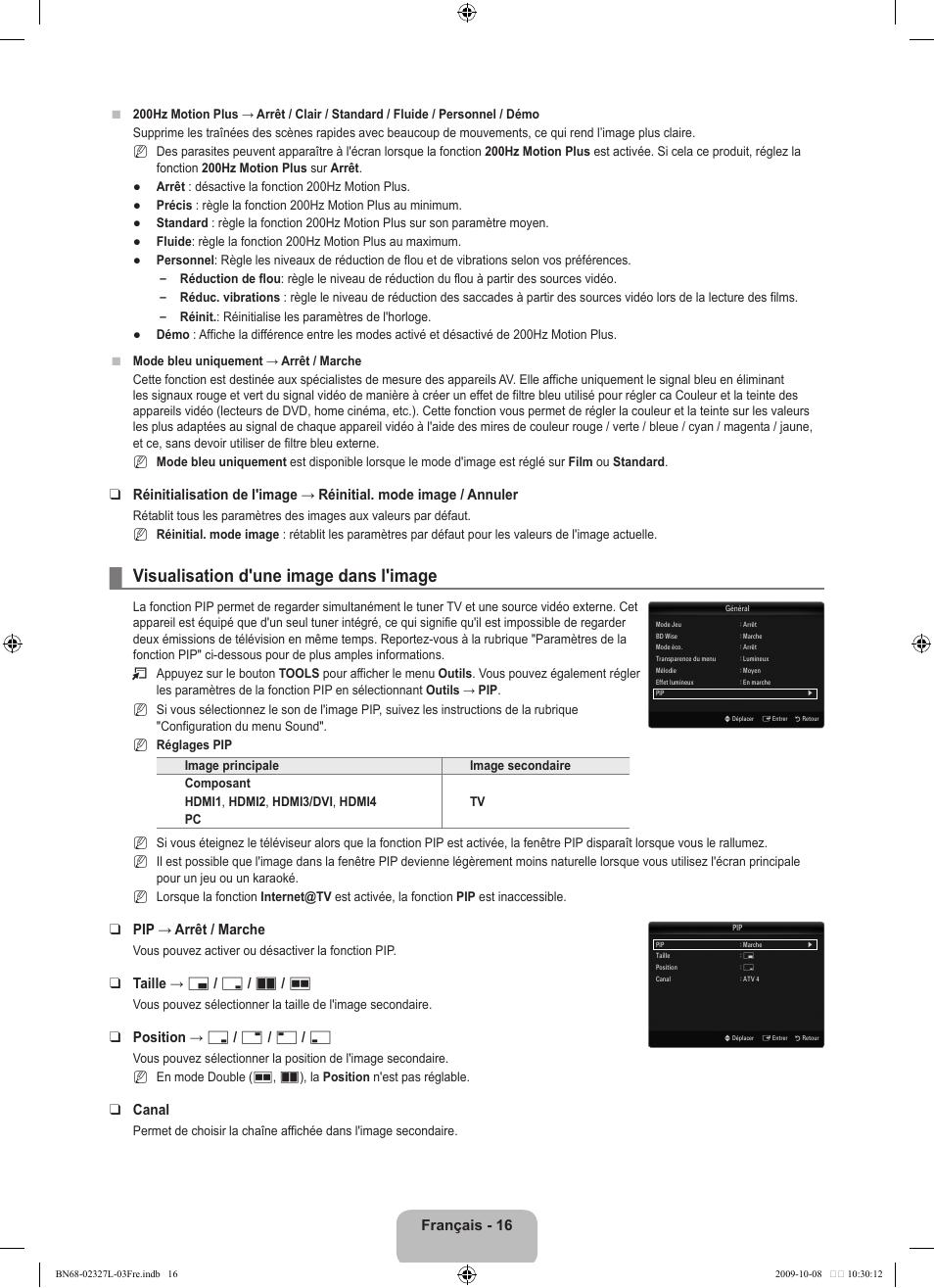 Visualisation d'une image dans l'image, Français - 16, Pip → arrêt / marche | Taille → х / г / а / œ, Position → ã / – / — / œ, Canal | Samsung LE52B750U1W User Manual | Page 104 / 674