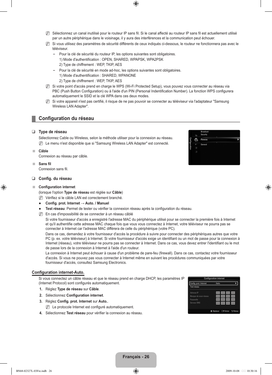 Configuration du réseau, Français - 26, Type de réseau | Config. du réseau, Configuration internet-auto | Samsung LE52B750U1W User Manual | Page 114 / 674