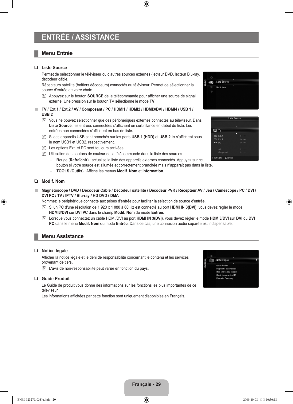 Entrée / assistance, Menu entrée, Menu assistance | Samsung LE52B750U1W User Manual | Page 117 / 674