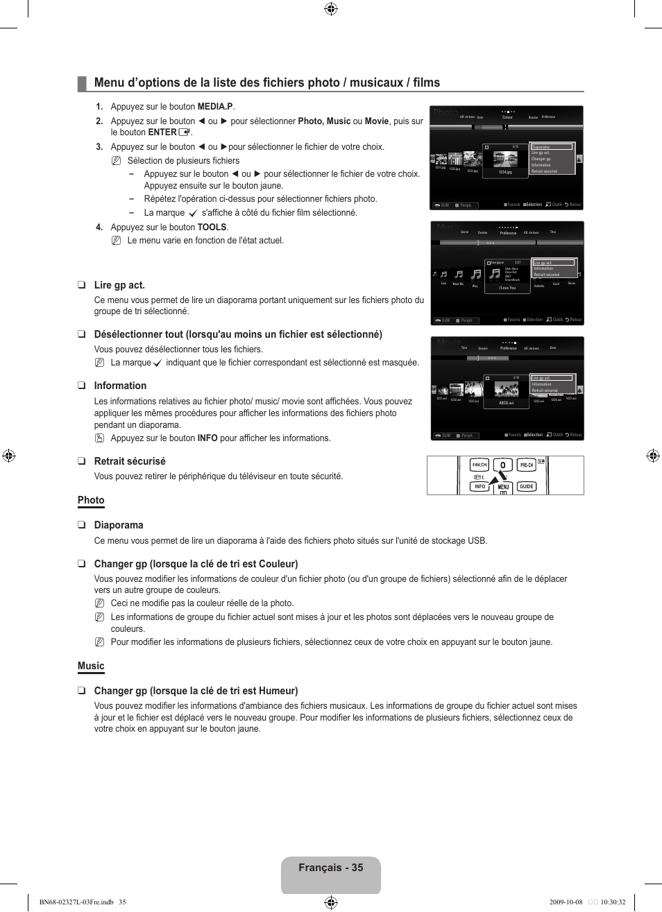 Français - 35, Lire gp act, Information | Retrait sécurisé, Photo diaporama, Changer gp (lorsque la clé de tri est couleur), N   n, N n n | Samsung LE52B750U1W User Manual | Page 123 / 674