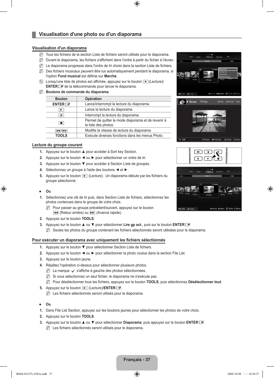 Visualisation d'une photo ou d'un diaporama, Français - 37, Visualisation d'un diaporama | Lecture du groupe courant | Samsung LE52B750U1W User Manual | Page 125 / 674