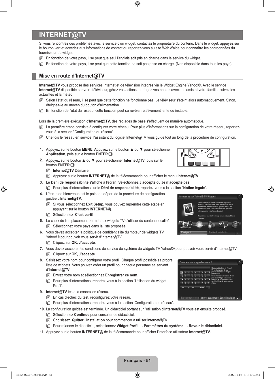 Internet@tv, Mise en route d'internet@tv | Samsung LE52B750U1W User Manual | Page 139 / 674