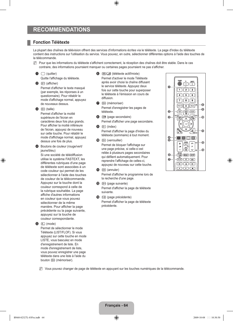 Recommendations, Fonction télétexte | Samsung LE52B750U1W User Manual | Page 152 / 674