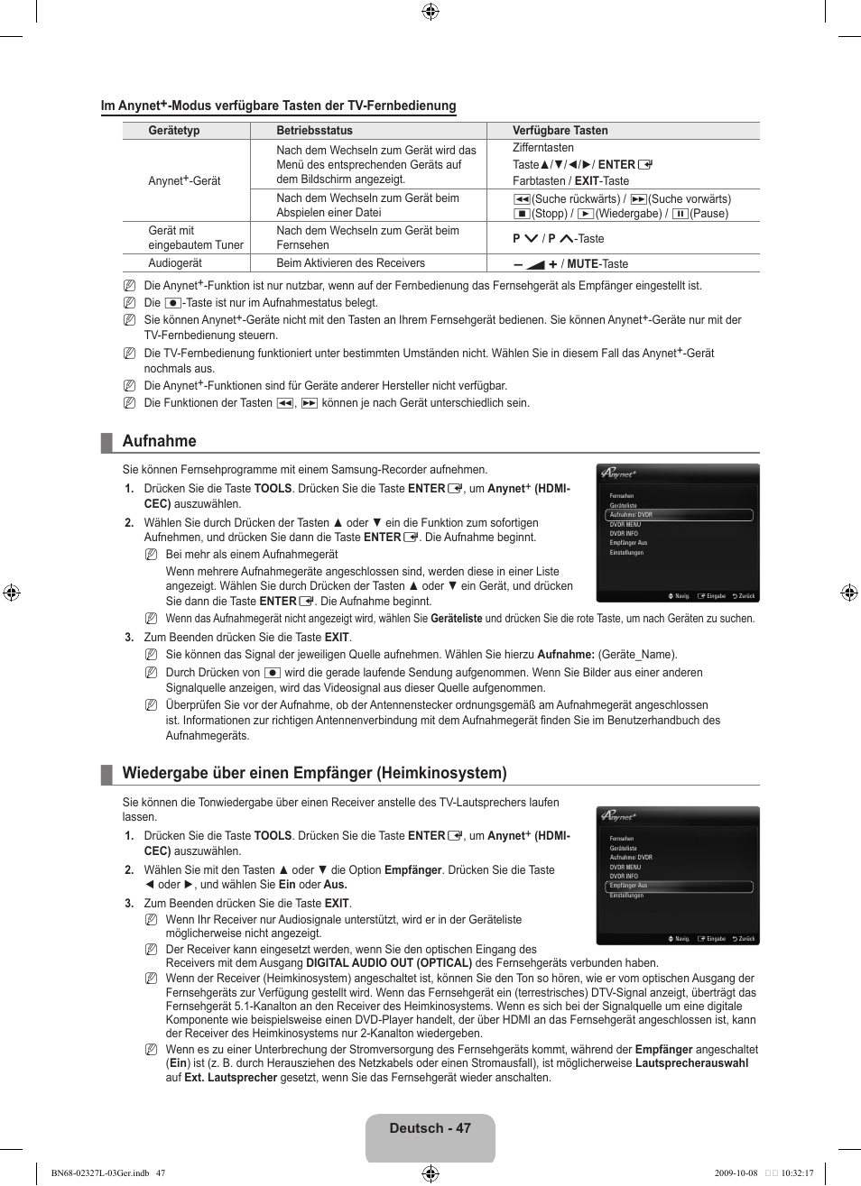 Aufnahme, Wiedergabe über einen empfänger (heimkinosystem) | Samsung LE52B750U1W User Manual | Page 207 / 674