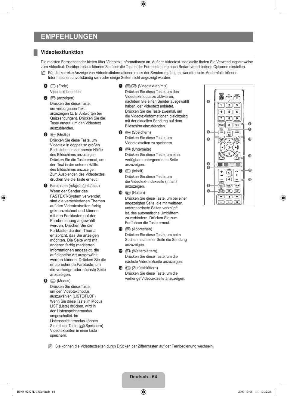 Empfehlungen, Videotextfunktion | Samsung LE52B750U1W User Manual | Page 224 / 674