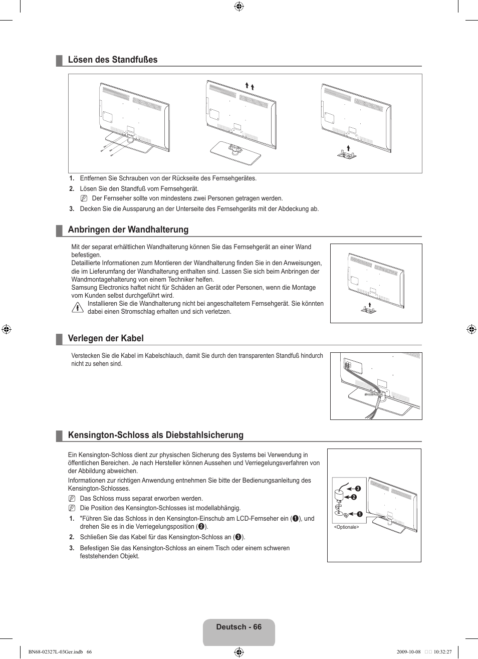 Lösen des standfußes, Anbringen der wandhalterung, Verlegen der kabel | Kensington-schloss als diebstahlsicherung | Samsung LE52B750U1W User Manual | Page 226 / 674