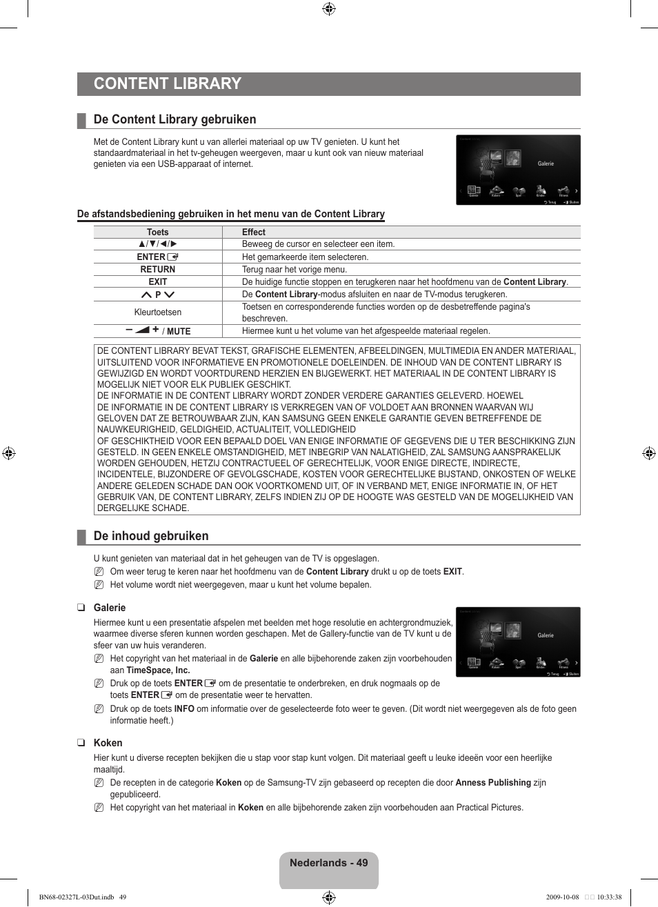 Content library, De content library gebruiken, De inhoud gebruiken | Samsung LE52B750U1W User Manual | Page 281 / 674