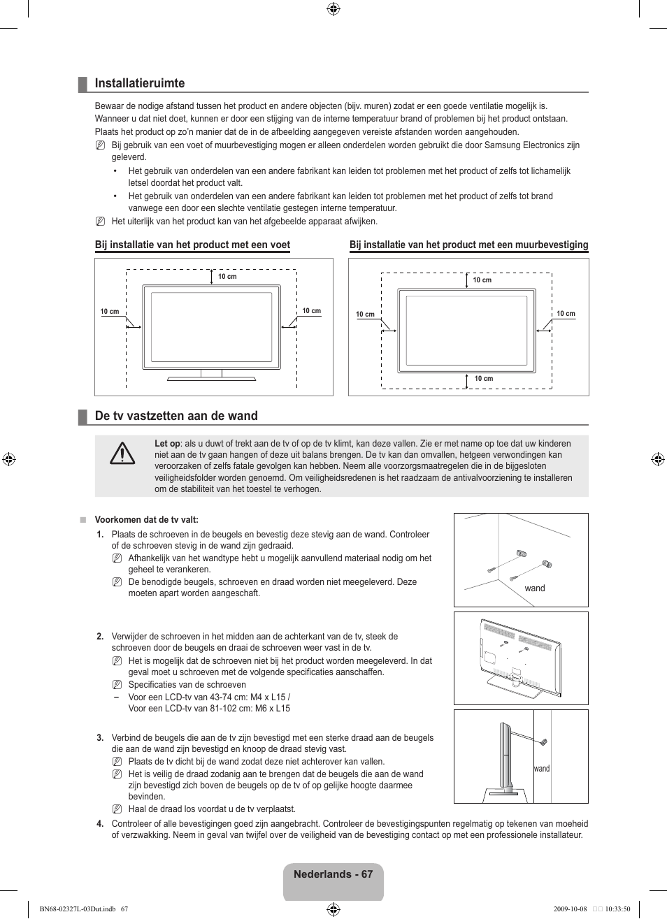 Installatieruimte, De tv vastzetten aan de wand | Samsung LE52B750U1W User Manual | Page 299 / 674