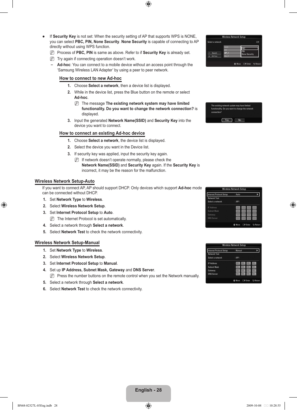 English - 28, How to connect to new ad-hoc, How to connect an existing ad-hoc device | Wireless network setup-auto, Wireless network setup-manual | Samsung LE52B750U1W User Manual | Page 30 / 674