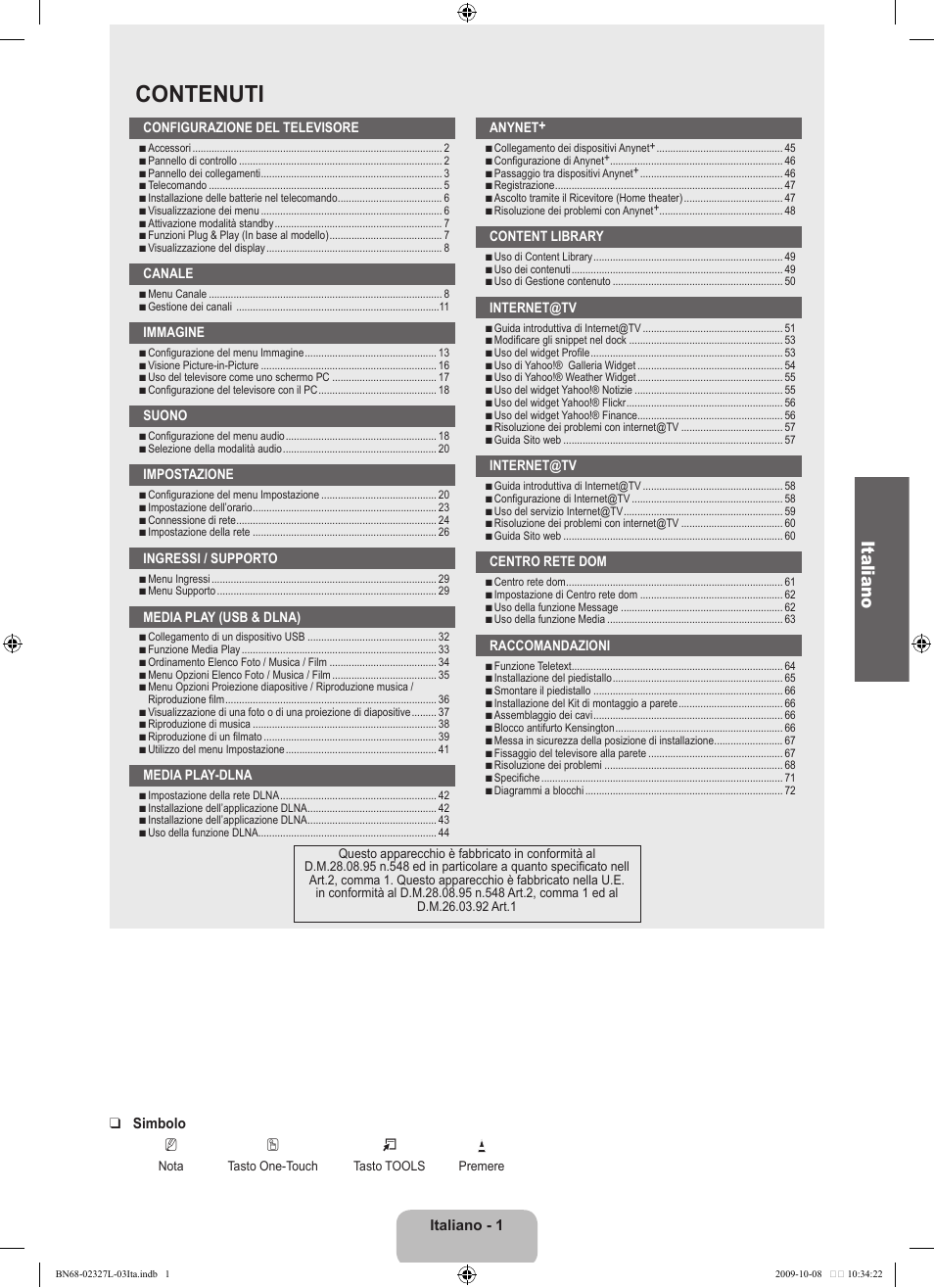 Contenuti, Italiano | Samsung LE52B750U1W User Manual | Page 305 / 674