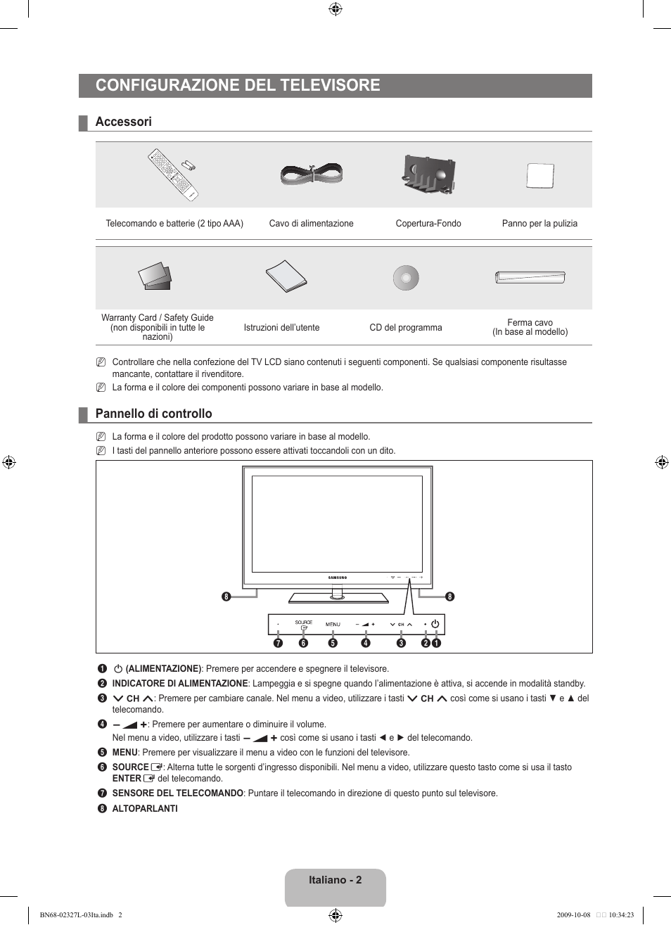 Configurazione del televisore, Accessori, Pannello di controllo | Samsung LE52B750U1W User Manual | Page 306 / 674