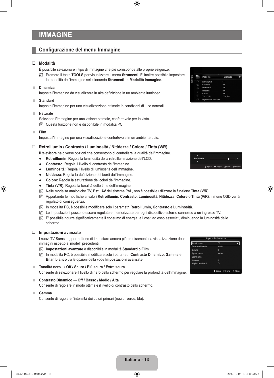 Immagine, Configurazione del menu immagine, Italiano - 13 | Modalità, Impostazioni avanzate | Samsung LE52B750U1W User Manual | Page 317 / 674