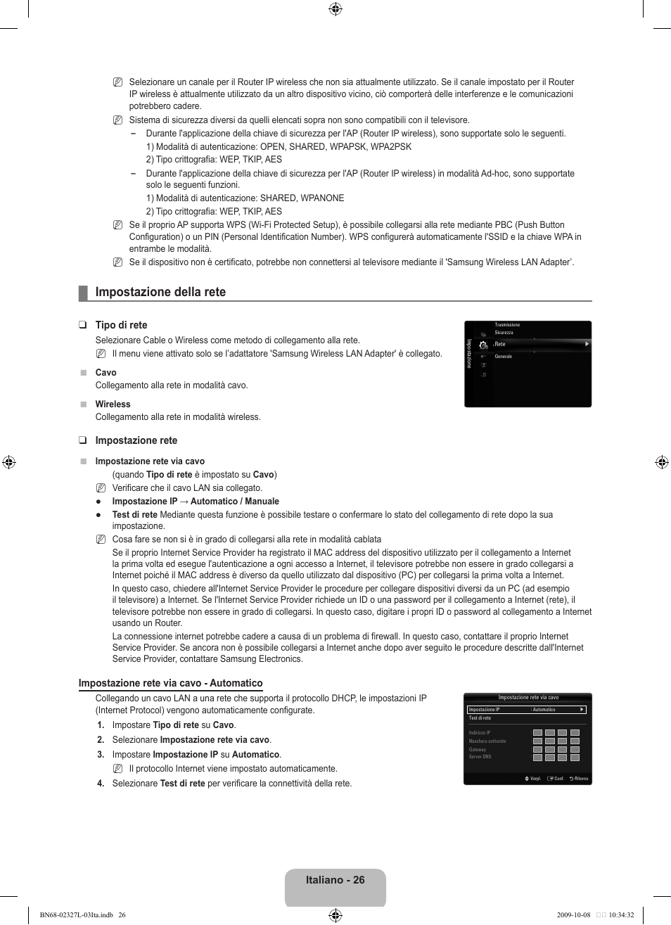 Impostazione della rete, Italiano - 26, Tipo di rete | Impostazione rete, Impostazione rete via cavo - automatico | Samsung LE52B750U1W User Manual | Page 330 / 674