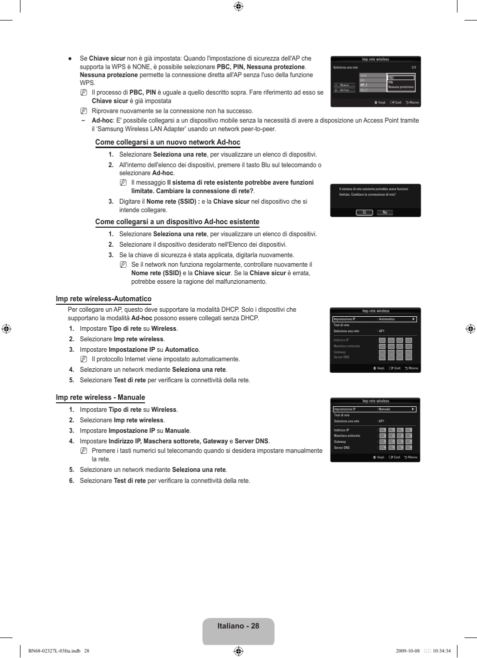 Italiano - 28, Come collegarsi a un nuovo network ad-hoc, Come collegarsi a un dispositivo ad-hoc esistente | Imp rete wireless-automatico, Imp rete wireless - manuale | Samsung LE52B750U1W User Manual | Page 332 / 674