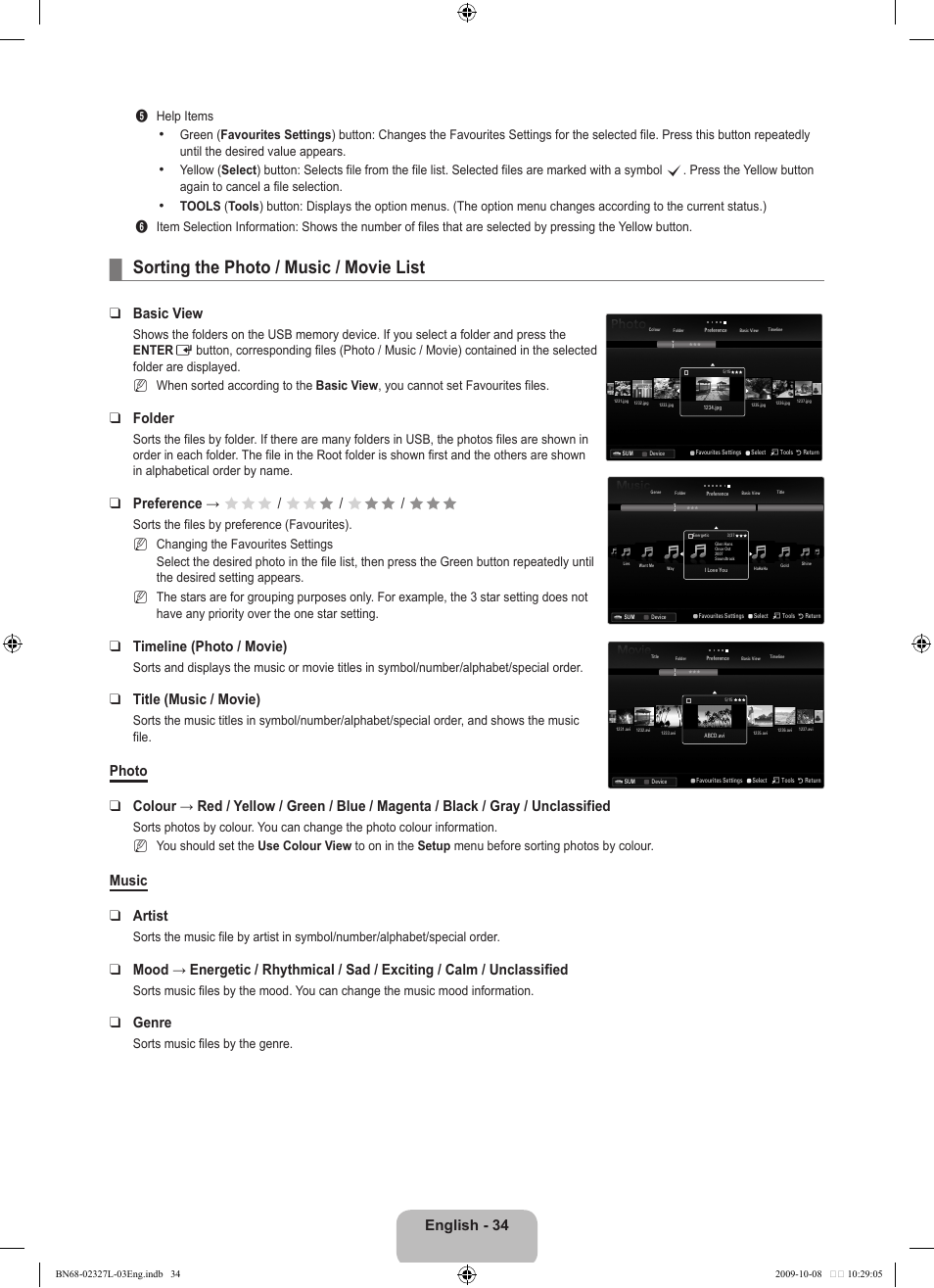 Sorting the photo / music / movie list, English - 34, Basic view | Folder, Preference → fff / ff f / f ff / fff, Timeline (photo / movie), Title (music / movie), Music artist, Genre | Samsung LE52B750U1W User Manual | Page 36 / 674