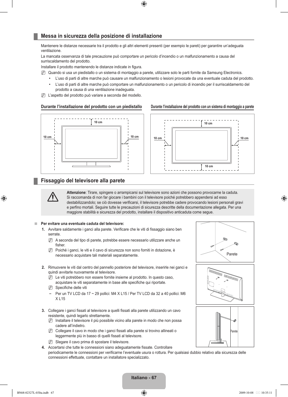 Fissaggio del televisore alla parete | Samsung LE52B750U1W User Manual | Page 371 / 674