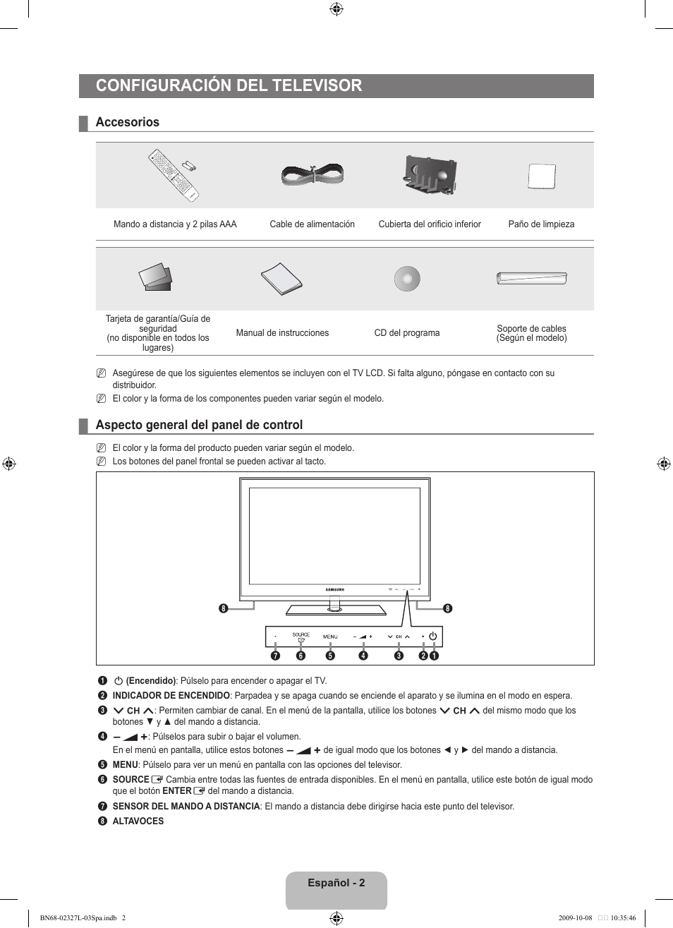 Configuración del televisor, Accesorios, Aspecto general del panel de control | Samsung LE52B750U1W User Manual | Page 380 / 674