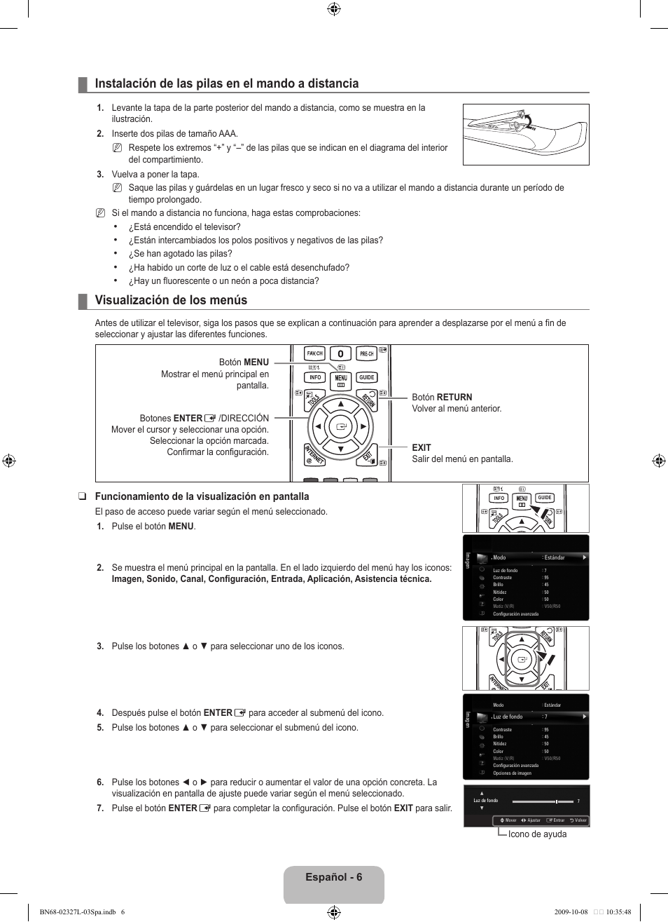 Funcionamiento, Instalación de las pilas en el mando a distancia, Visualización de los menús | Español - 6, Funcionamiento de la visualización en pantalla | Samsung LE52B750U1W User Manual | Page 384 / 674