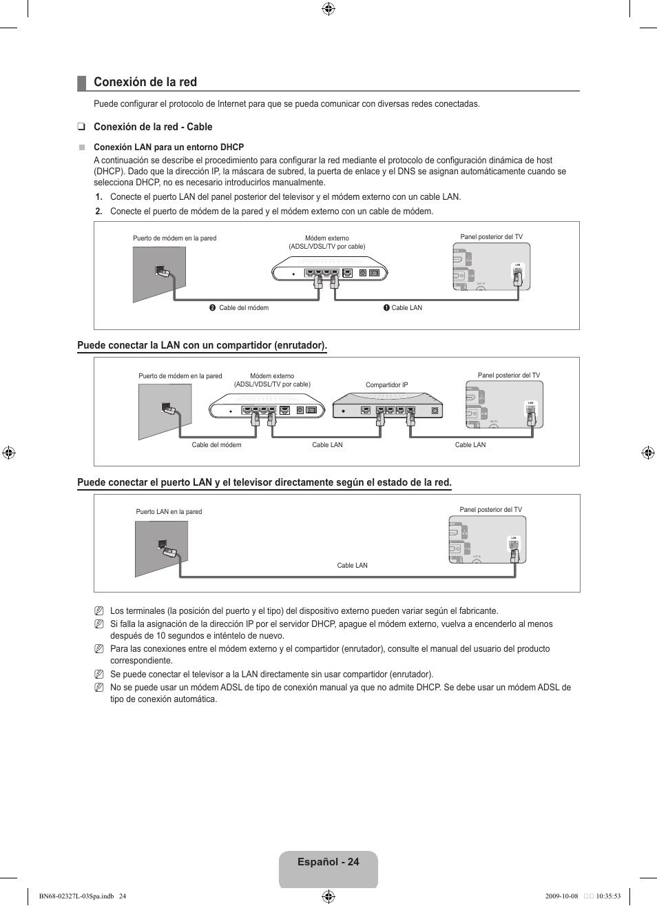 Conexión de la red | Samsung LE52B750U1W User Manual | Page 402 / 674