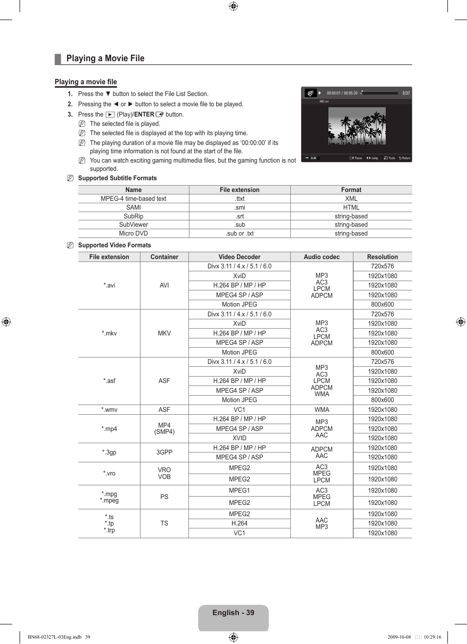 Playing a movie file | Samsung LE52B750U1W User Manual | Page 41 / 674