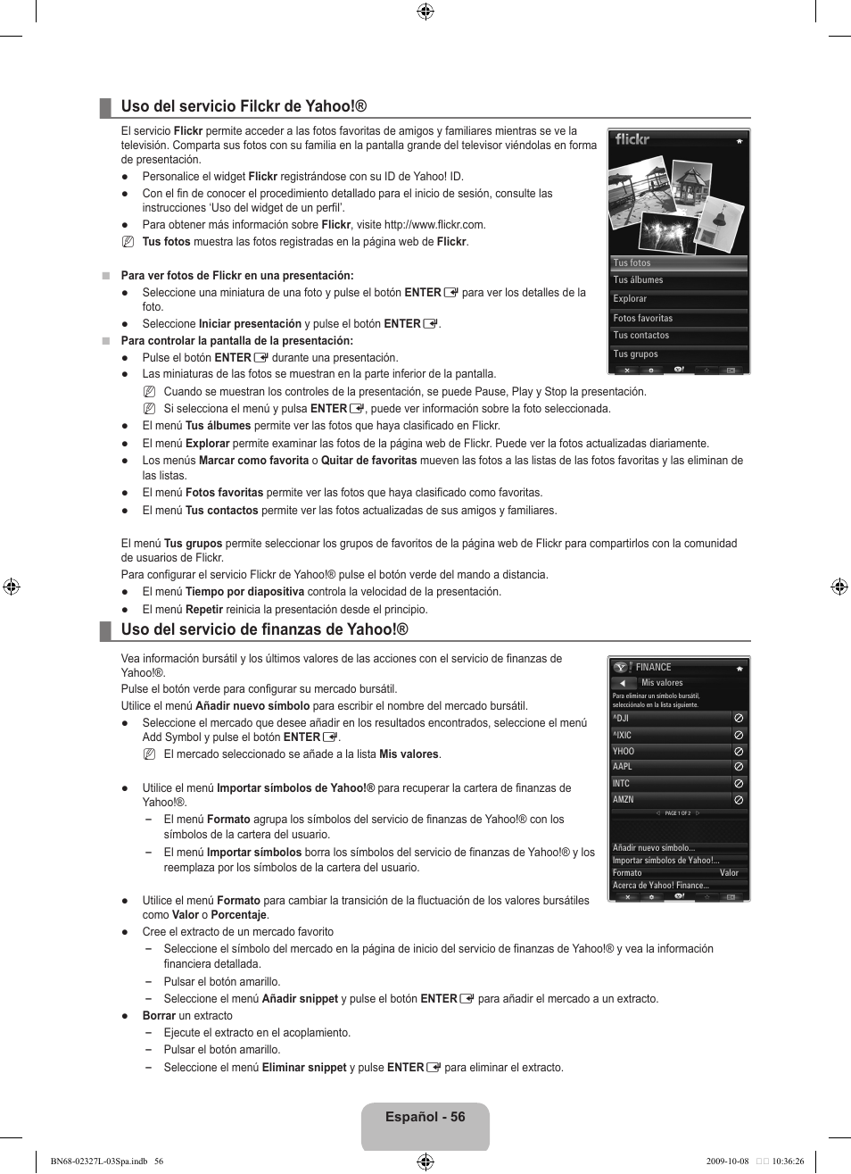 Uso del servicio filckr de yahoo, Uso del servicio de finanzas de yahoo | Samsung LE52B750U1W User Manual | Page 434 / 674