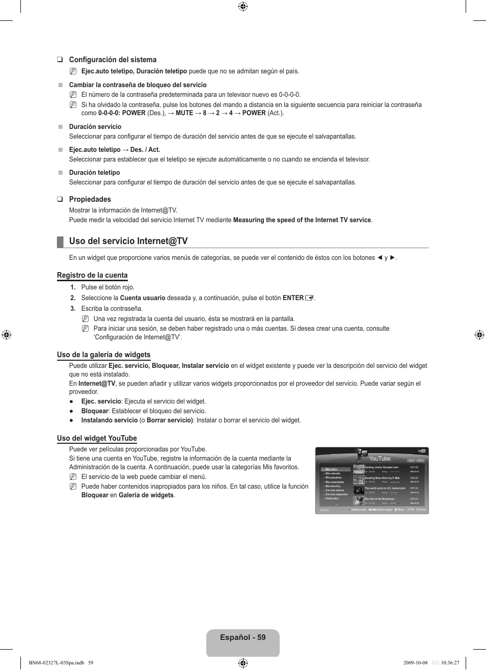 Uso del servicio internet@tv, Español - 59 configuración del sistema, Propiedades | Registro de la cuenta, Uso de la galería de widgets, Uso del widget youtube | Samsung LE52B750U1W User Manual | Page 437 / 674