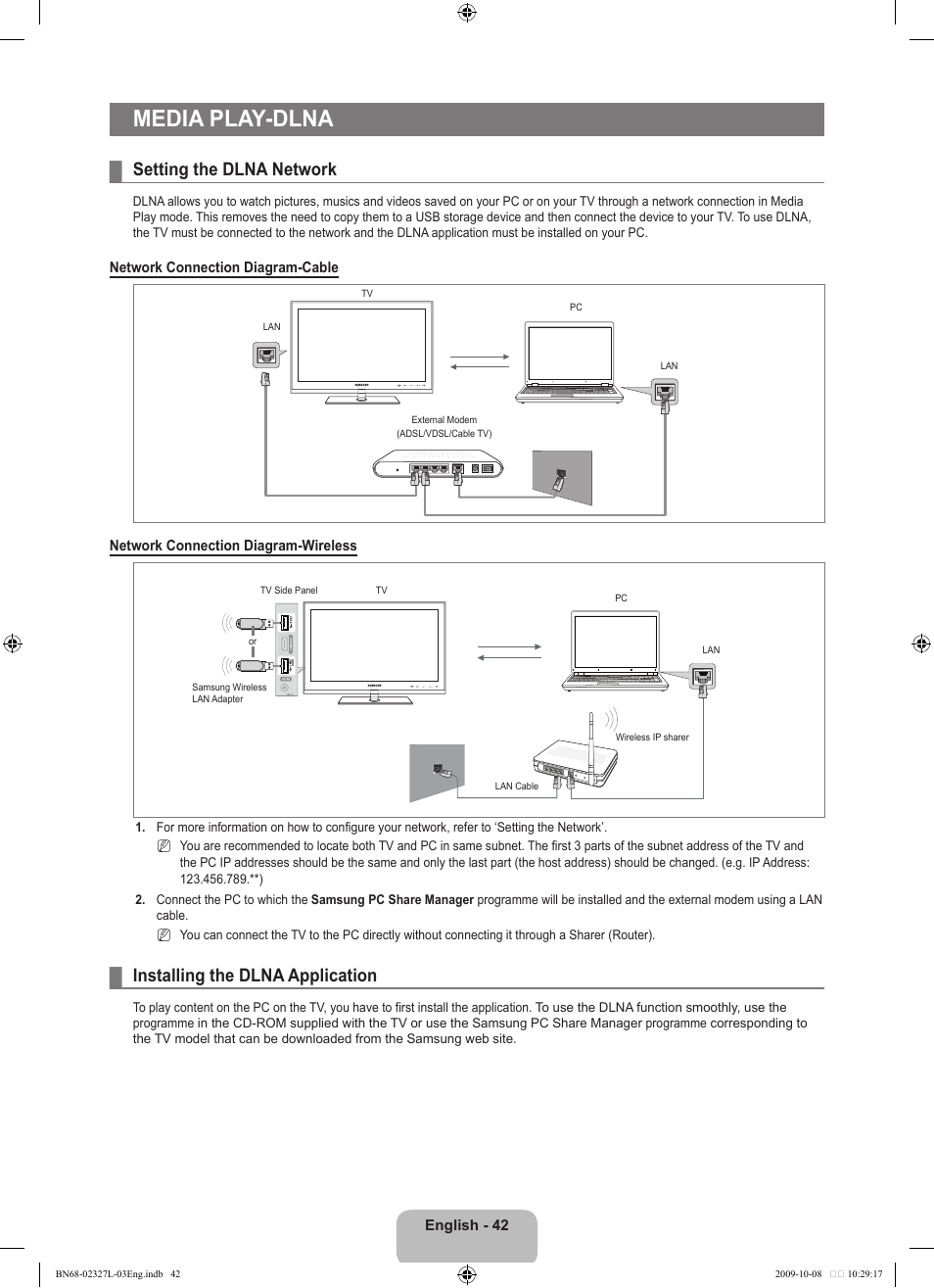 Media play -dlna, Setting the dlna network, Installing the dlna application | Media play-dlna | Samsung LE52B750U1W User Manual | Page 44 / 674
