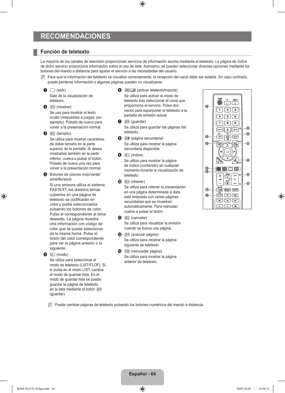 Recomendaciones, Función de teletexto | Samsung LE52B750U1W User Manual | Page 442 / 674