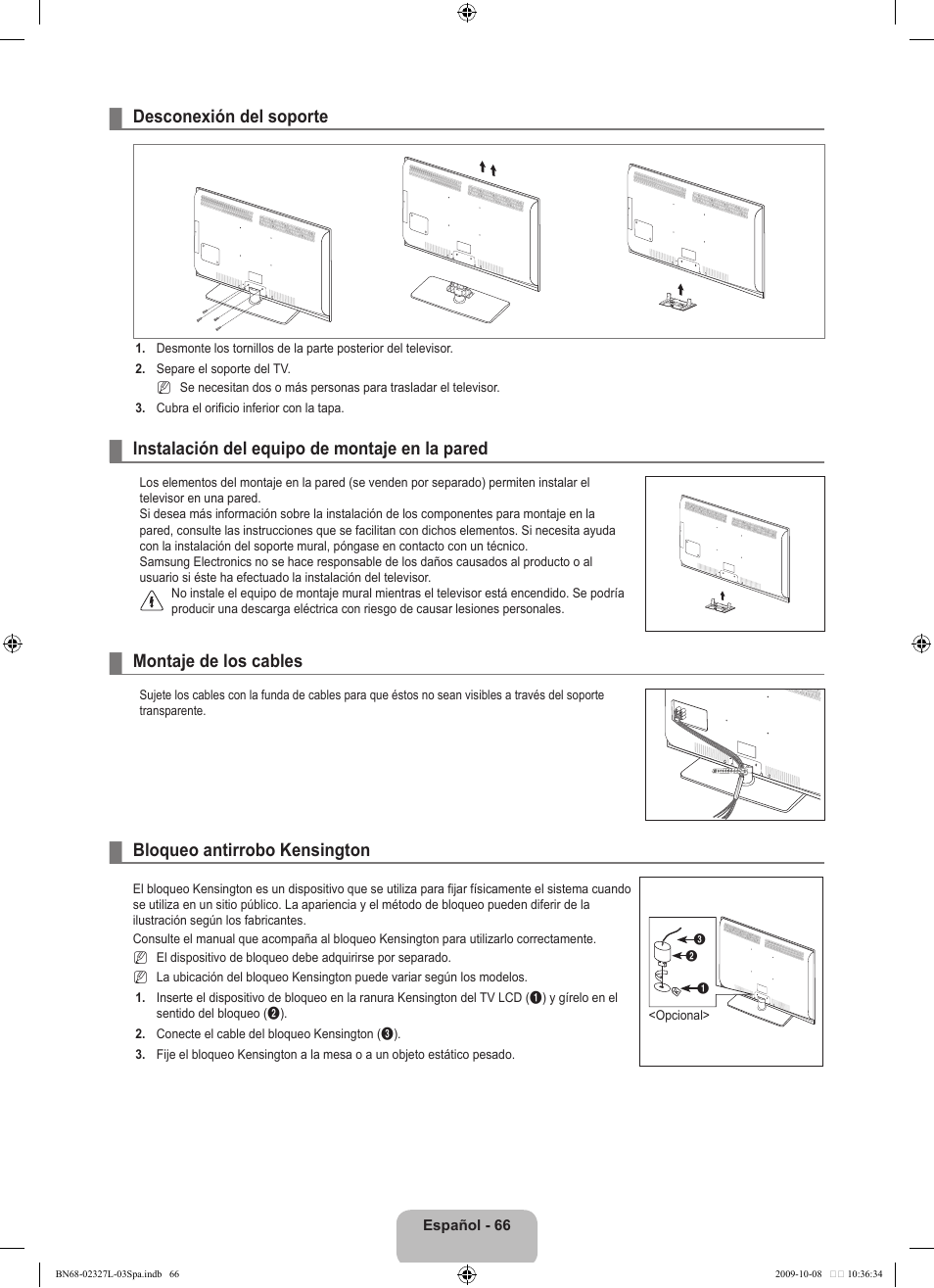 Desconexión del soporte, Instalación del equipo de montaje en la pared, Montaje de los cables | Bloqueo antirrobo kensington | Samsung LE52B750U1W User Manual | Page 444 / 674