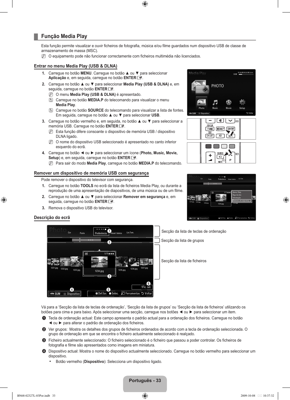 Função media play, Português - 33, Entrar no menu media play (usb & dlna) | Descrição do ecrã, Photo | Samsung LE52B750U1W User Manual | Page 483 / 674