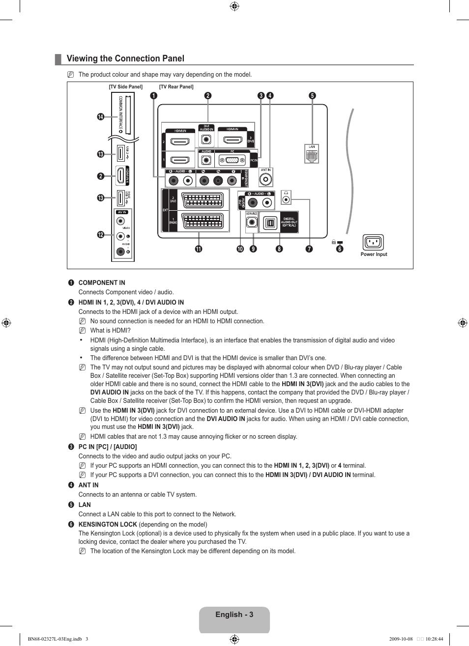 Viewing the connection panel | Samsung LE52B750U1W User Manual | Page 5 / 674