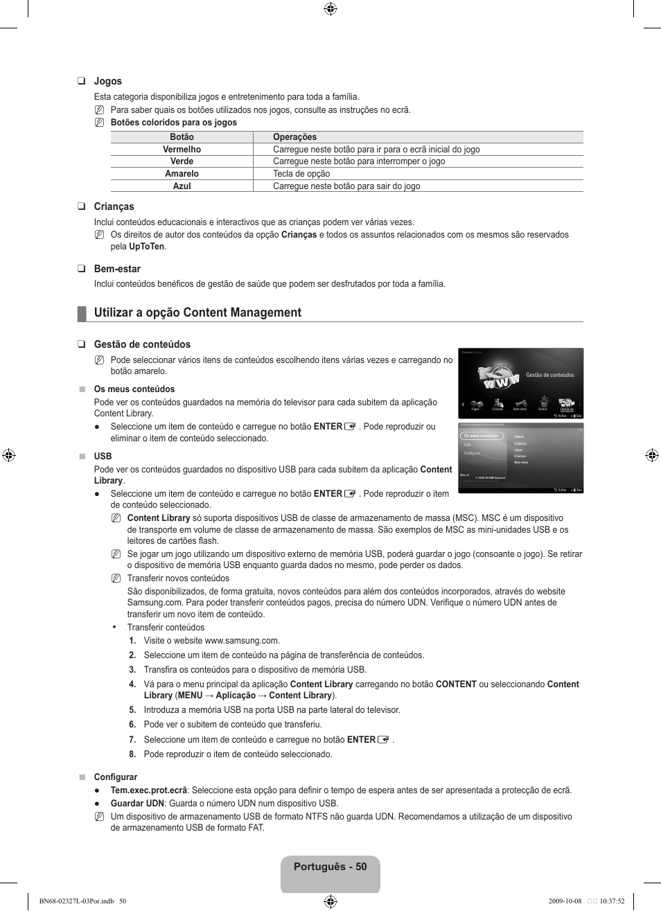 Utilizar a opção content management, Português - 50 jogos, Crianças | Bem-estar, Gestão de conteúdos | Samsung LE52B750U1W User Manual | Page 500 / 674