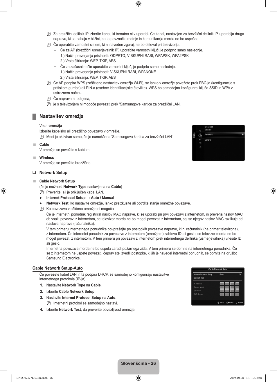 Nastavitev omrežja, Slovenščina, Network setup | Cable network setup-auto | Samsung LE52B750U1W User Manual | Page 548 / 674