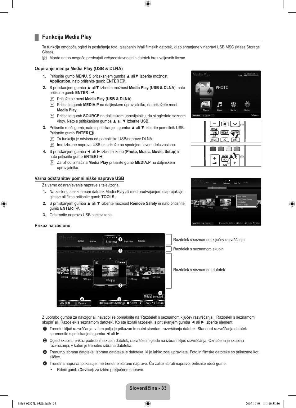 Funkcija media play, Slovenščina, Odpiranje menija media play (usb & dlna) | Varna odstranitev pomnilniške naprave usb, Prikaz na zaslonu, Photo | Samsung LE52B750U1W User Manual | Page 555 / 674