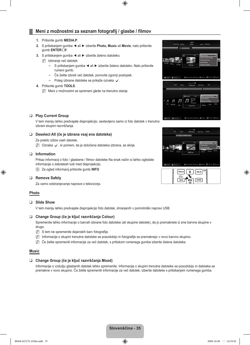 Slovenščina, Play current group, Deselect all (če je izbrana vsaj ena datoteka) | Information, Remove safely, Photo slide show, Change group (če je ključ razvrščanja colour), Music change group (če je ključ razvrščanja mood), Za varno odstranjevanje naprave s televizorja, N   n | Samsung LE52B750U1W User Manual | Page 557 / 674