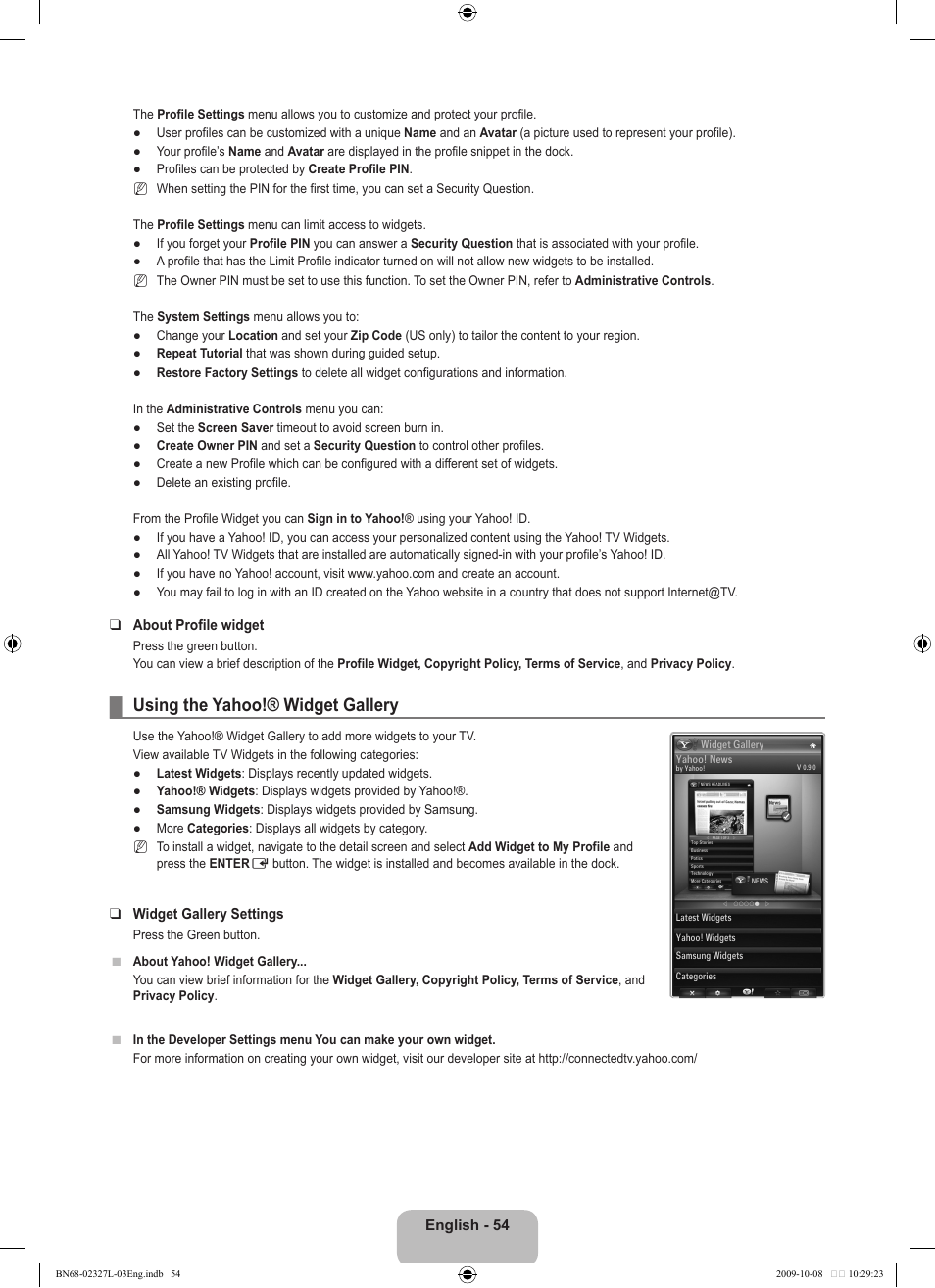 Using the yahoo!® widget gallery | Samsung LE52B750U1W User Manual | Page 56 / 674
