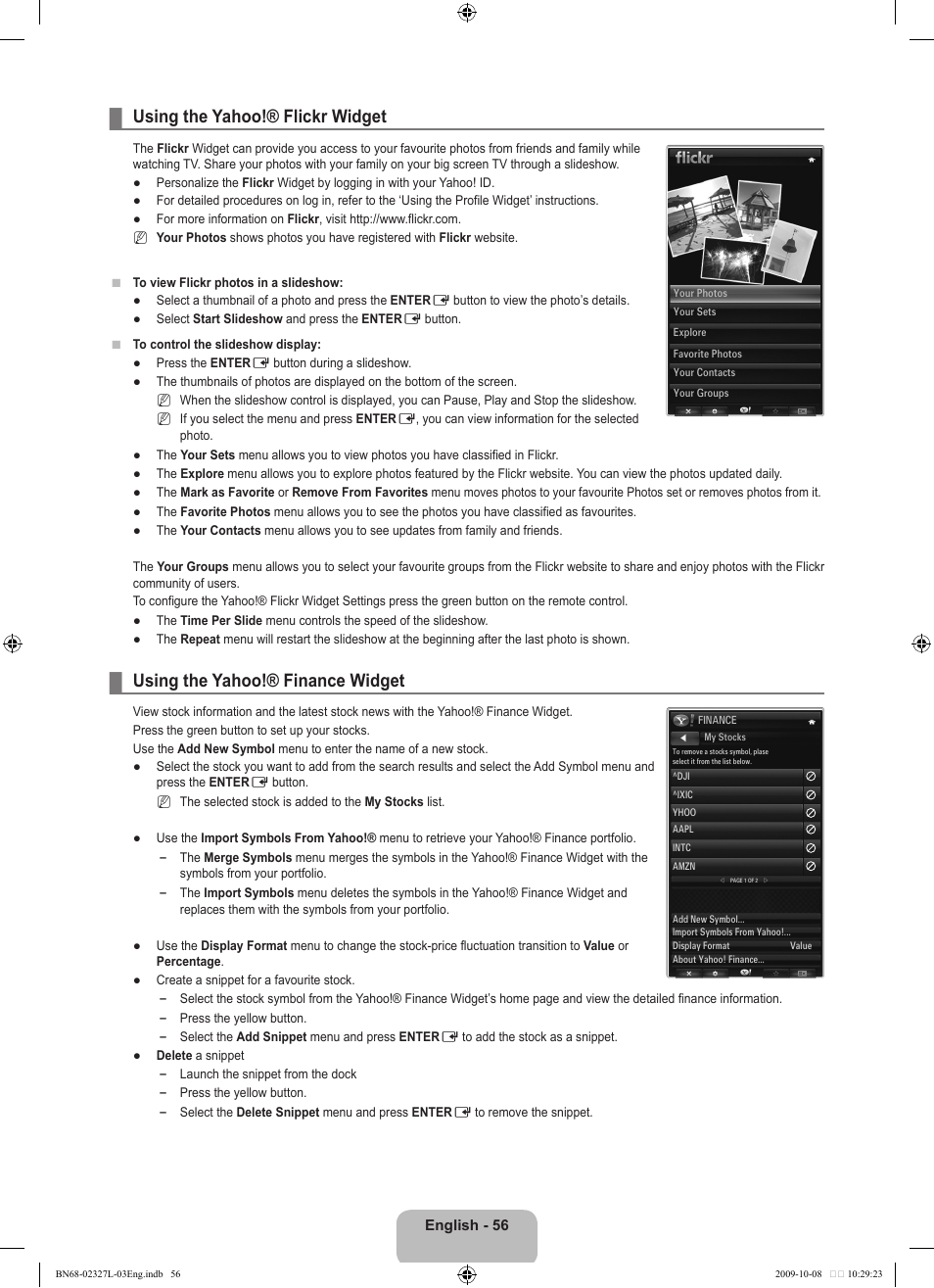 Using the yahoo!® flickr widget, Using the yahoo!® finance widget | Samsung LE52B750U1W User Manual | Page 58 / 674