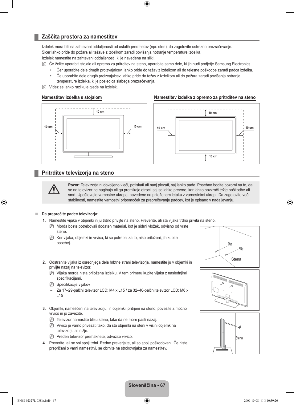 Zaščita prostora za namestitev, Pritrditev televizorja na steno | Samsung LE52B750U1W User Manual | Page 589 / 674