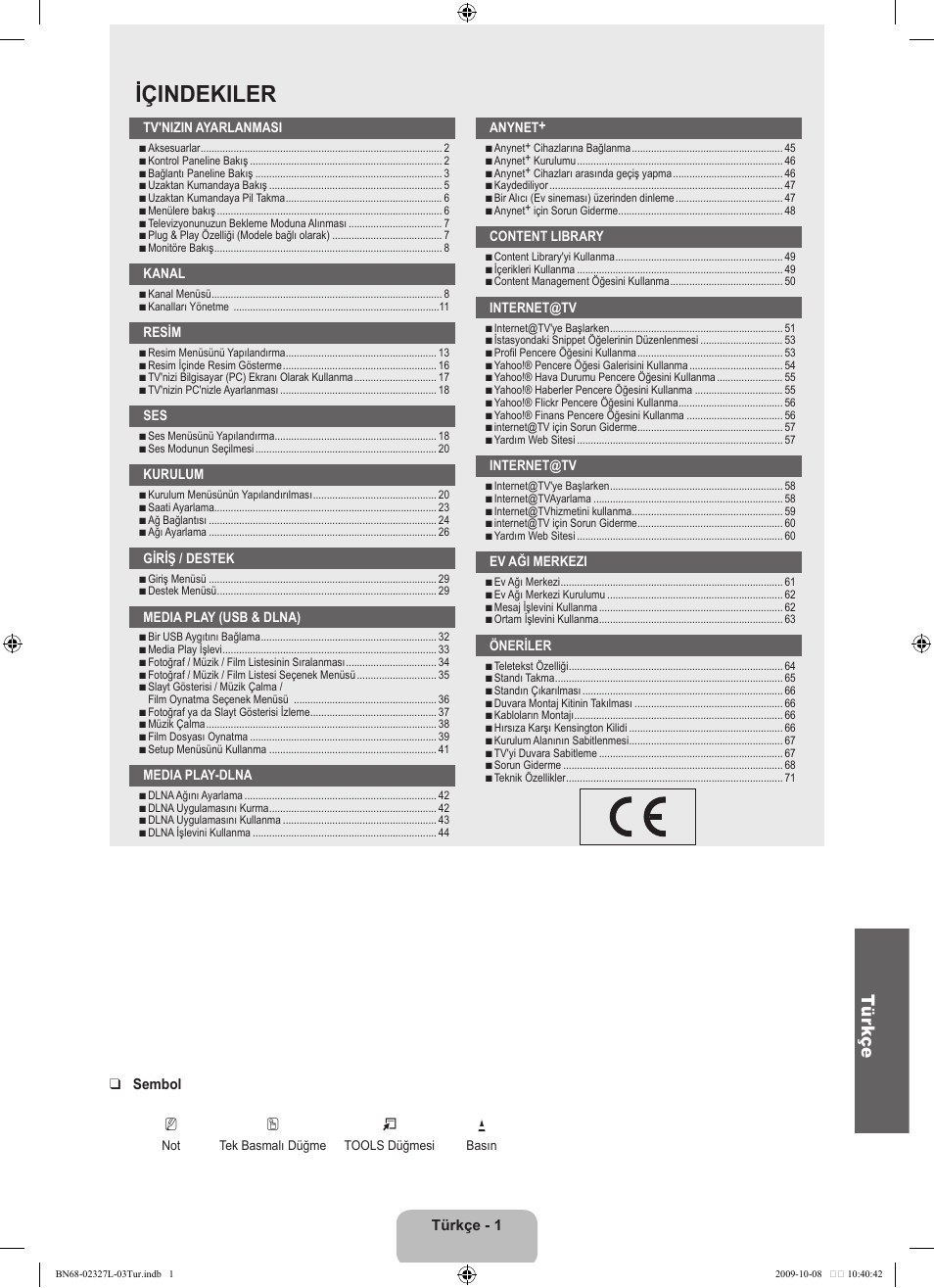Içındekıler, Tür kçe | Samsung LE52B750U1W User Manual | Page 595 / 674