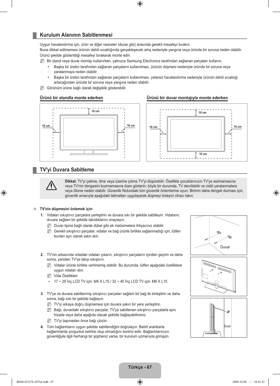 Kurulum alanının sabitlenmesi, Tv'yi duvara sabitleme | Samsung LE52B750U1W User Manual | Page 661 / 674