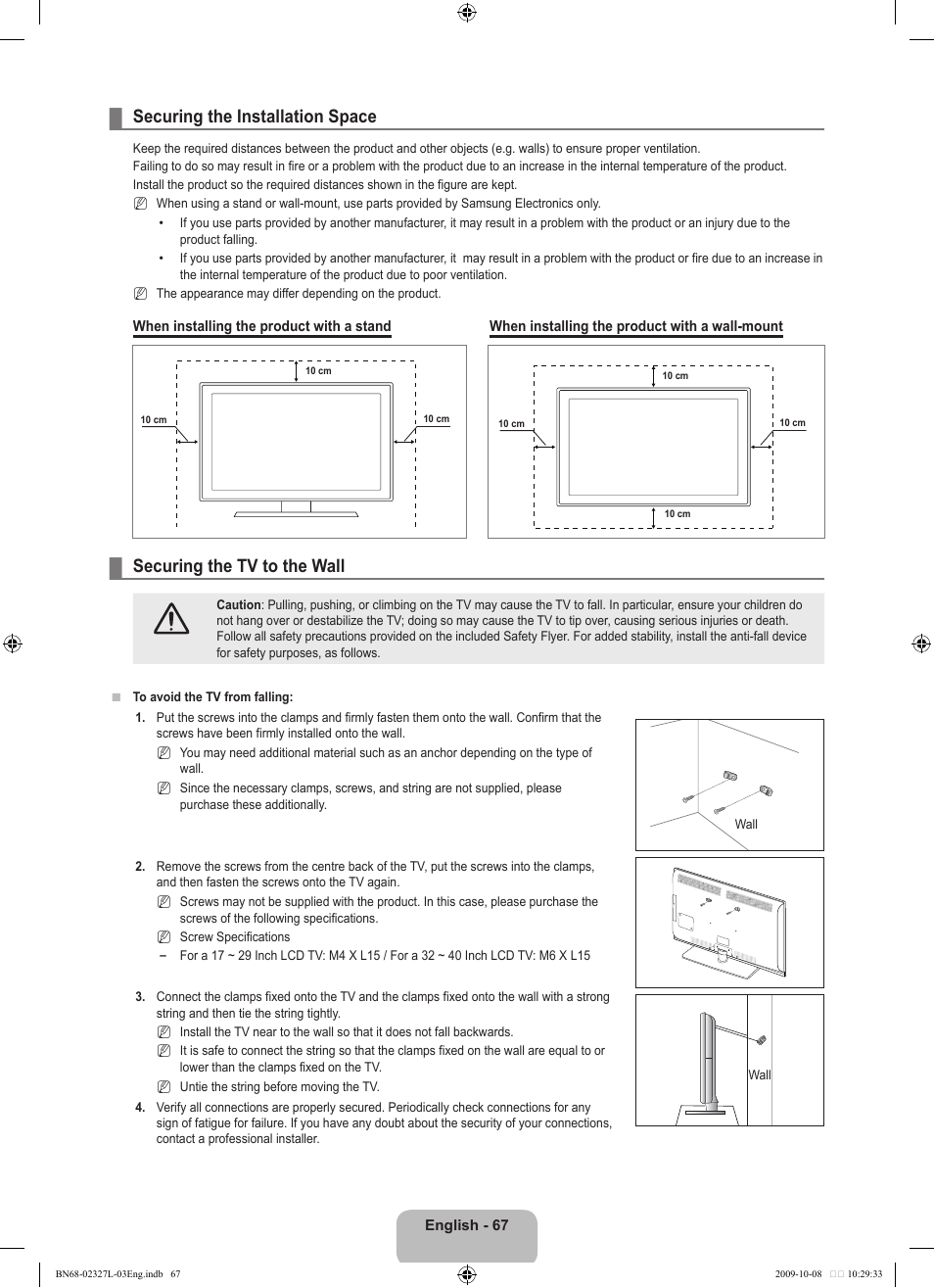 Securing the installation space, Securing the tv to the wall | Samsung LE52B750U1W User Manual | Page 69 / 674