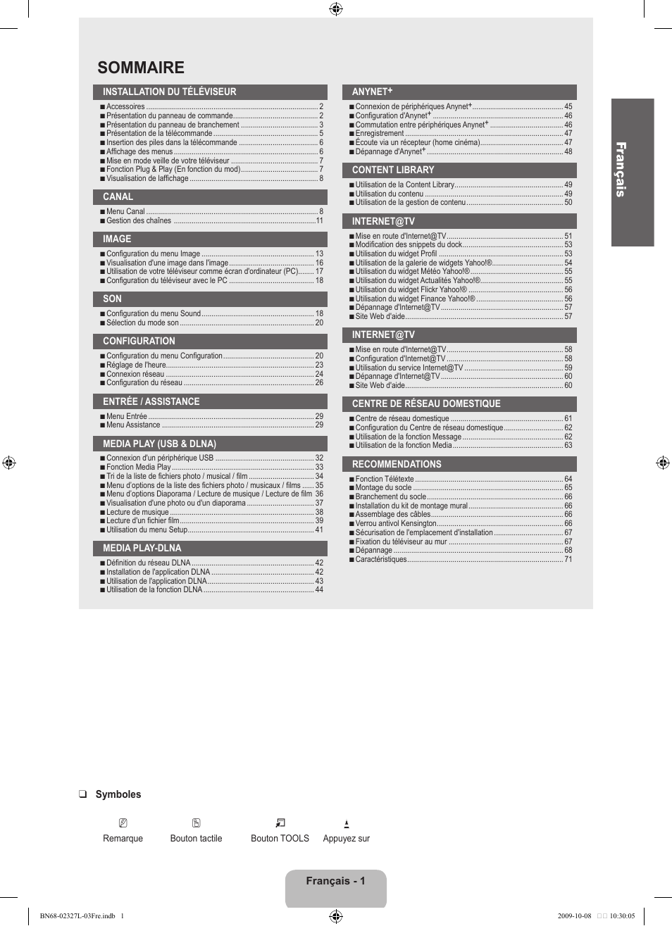 Sommaire, Fr ançais | Samsung LE52B750U1W User Manual | Page 89 / 674