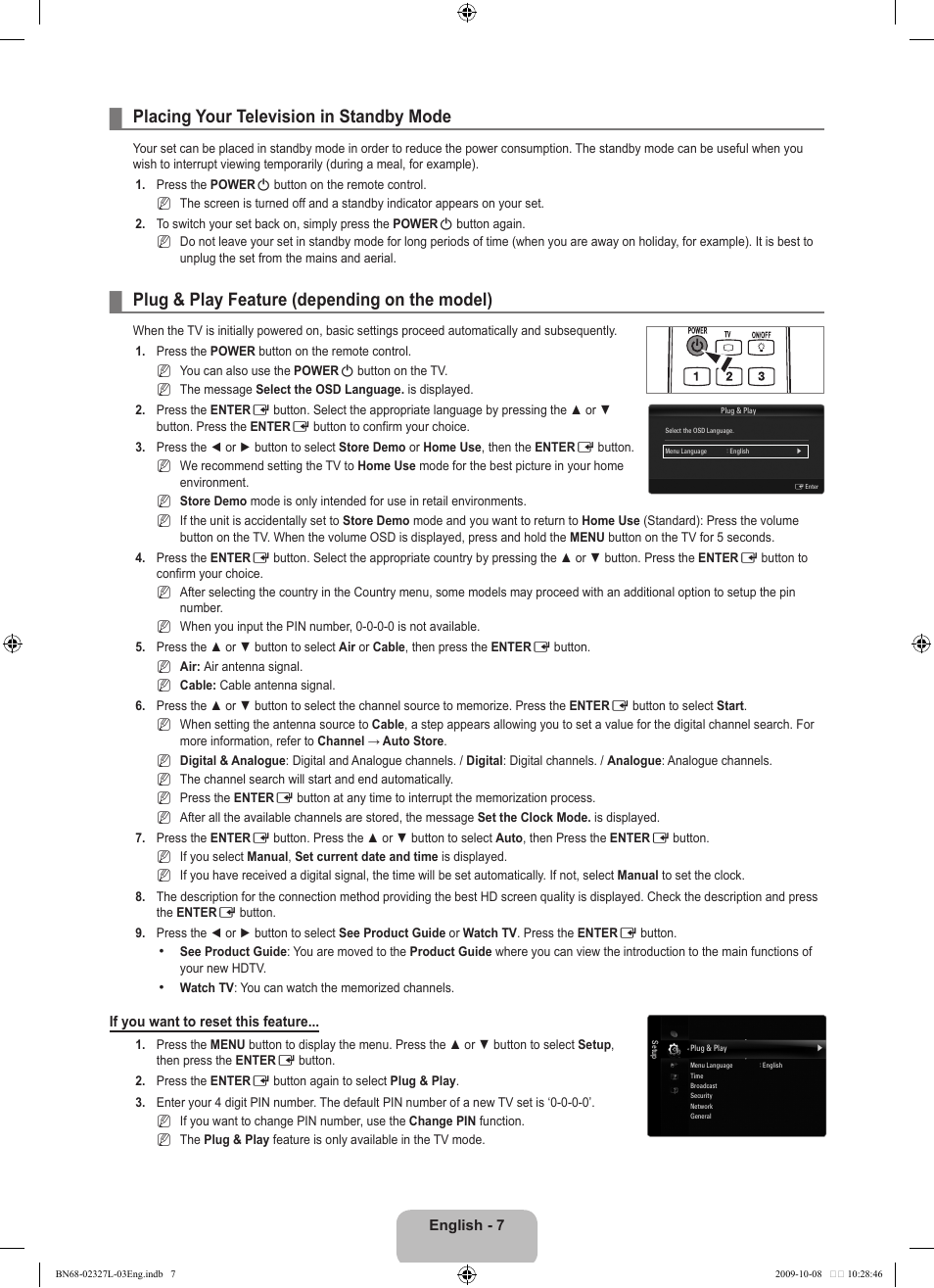 Placing your television in standby mode, Plug & play feature (depending on the model) | Samsung LE52B750U1W User Manual | Page 9 / 674