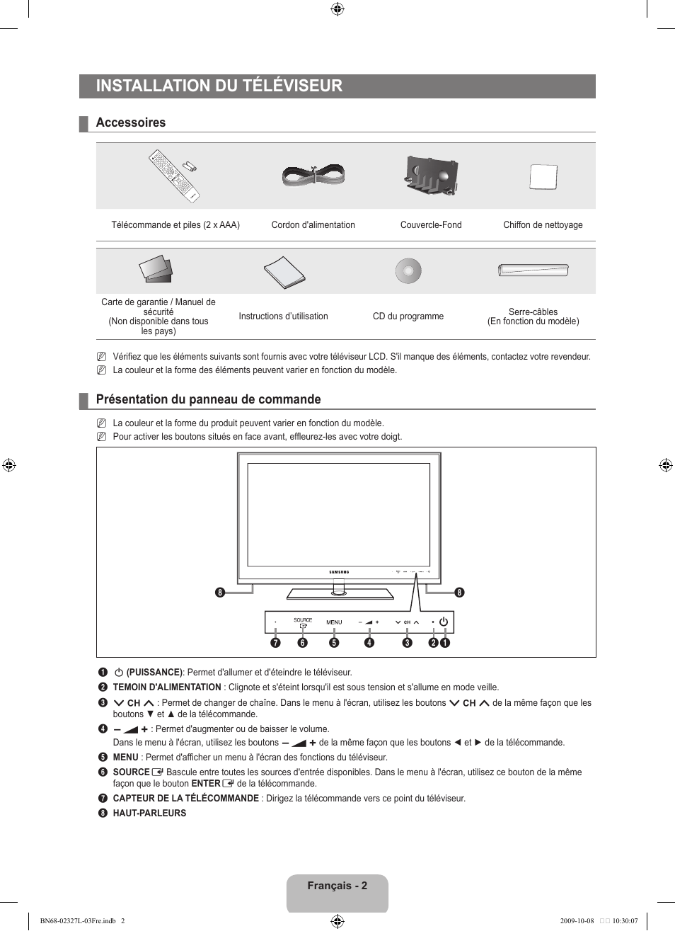 Installation du téléviseur, Accessoires, Présentation du panneau de commande | Samsung LE52B750U1W User Manual | Page 90 / 674