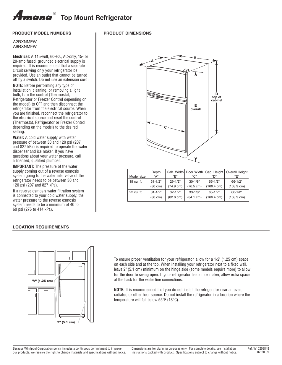 Amana A9RXNMFW User Manual | 1 page