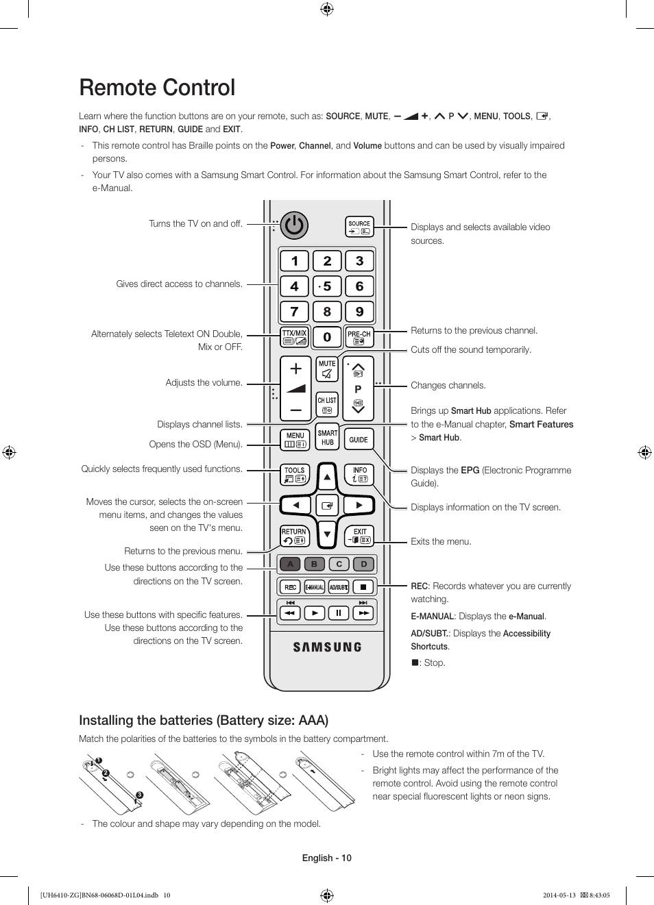 Remote control, Installing the batteries (battery size: aaa) | Samsung UE40H6410SS User Manual | Page 10 / 89