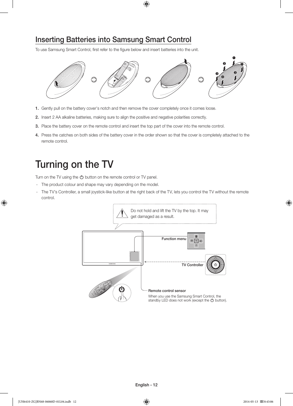 Turning on the tv, Inserting batteries into samsung smart control | Samsung UE40H6410SS User Manual | Page 12 / 89