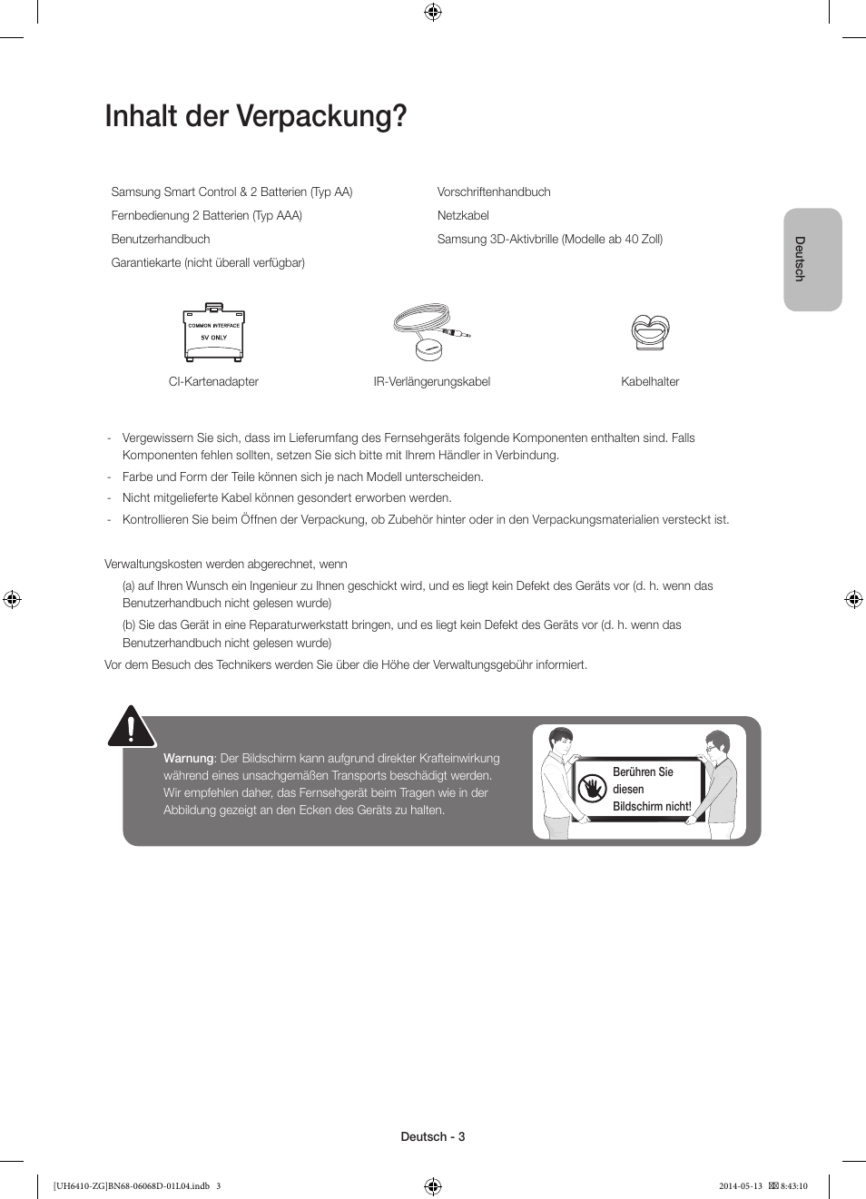 Inhalt der verpackung | Samsung UE40H6410SS User Manual | Page 25 / 89