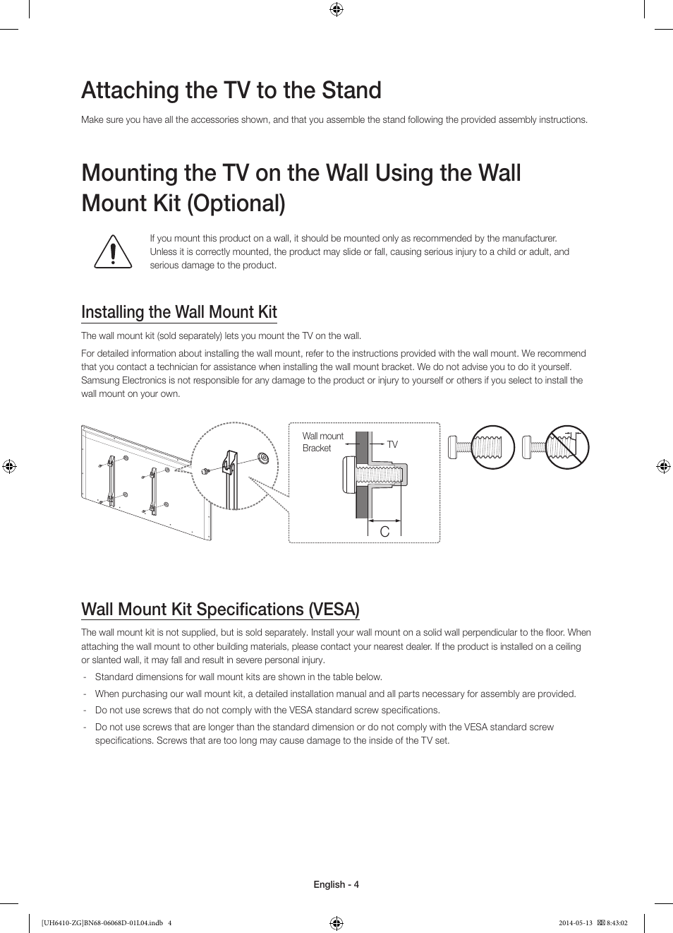 02 assembling the tv, Attaching the tv to the stand, Installing the wall mount kit | Wall mount kit specifications (vesa) | Samsung UE40H6410SS User Manual | Page 4 / 89