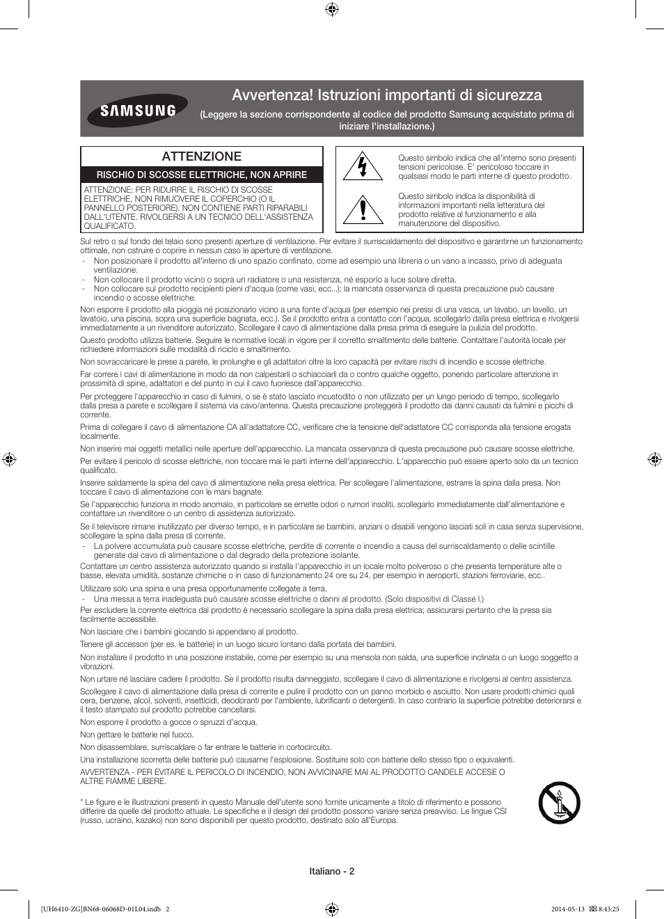 Avvertenza! istruzioni importanti di sicurezza, Attenzione | Samsung UE40H6410SS User Manual | Page 68 / 89